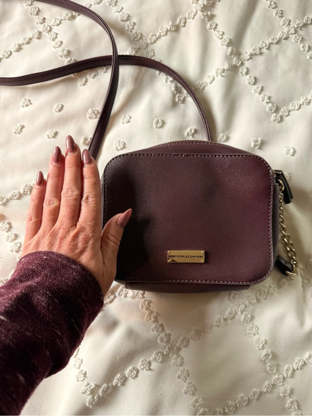 New York & Company Women’s Burgundy Crossbody Bag with Golf Accent
